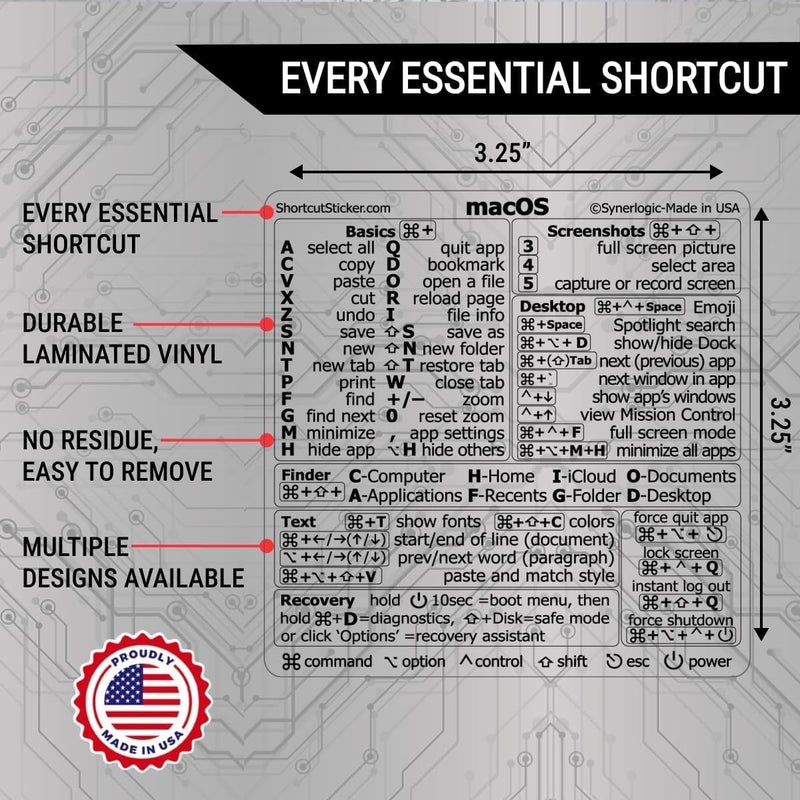 Synerlogic Mac OS Shortcuts Sticker | Keyboard Stickers for macOS | Laminated Vinyl MacBook Cheatsheet for Laptop | MacBook Shortcuts 2025 (Clear/Black) - Image 3